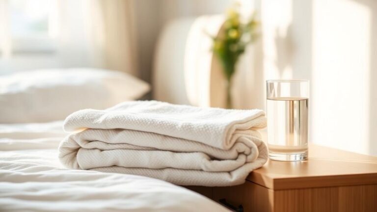 Postpartum bleeding (lochia): folded soft towels and a glass of water in a calm bedroom for recovery