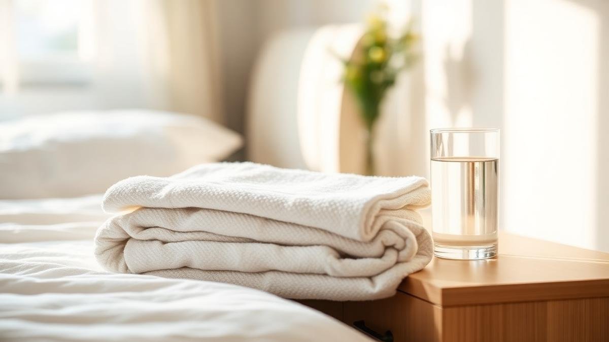 Postpartum bleeding (lochia): folded soft towels and a glass of water in a calm bedroom for recovery