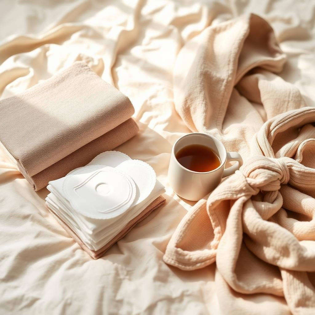 Postpartum recovery essentials — folded organic maternity pads and warm herbal tea on cream linen bedding