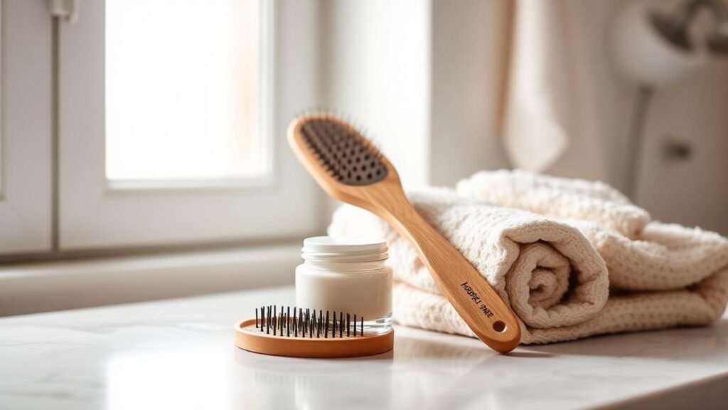 Postpartum hair loss and skin changes: a hairbrush, moisturizer and towel on a bright bathroom counter