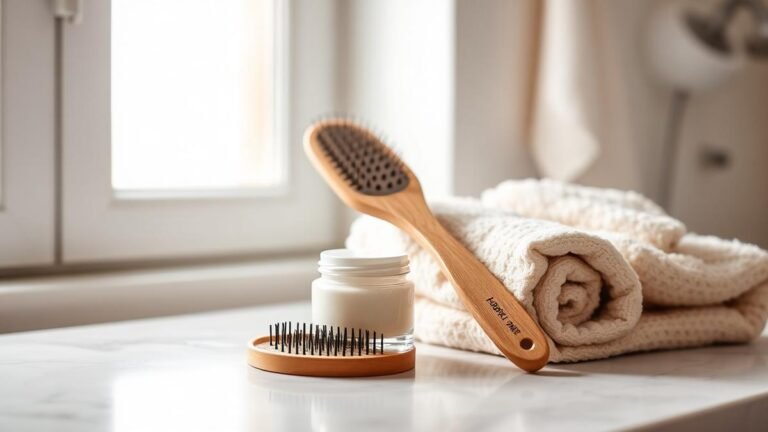 Postpartum hair loss and skin changes: a hairbrush, moisturizer and towel on a bright bathroom counter