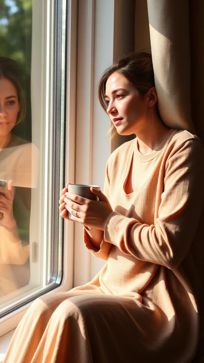 Thoughtful new mother sitting quietly by a window with a warm mug