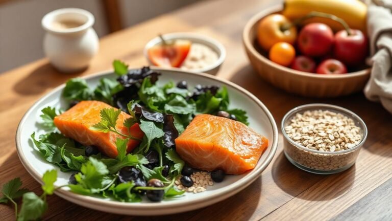 Postpartum nutrition: a healing meal of leafy greens, salmon, oats and fruit on a wooden table