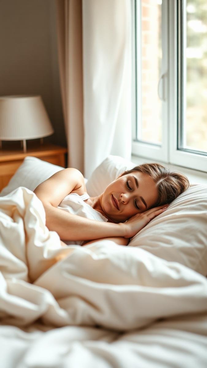 New mother resting and recovering peacefully in bed during the first six weeks postpartum