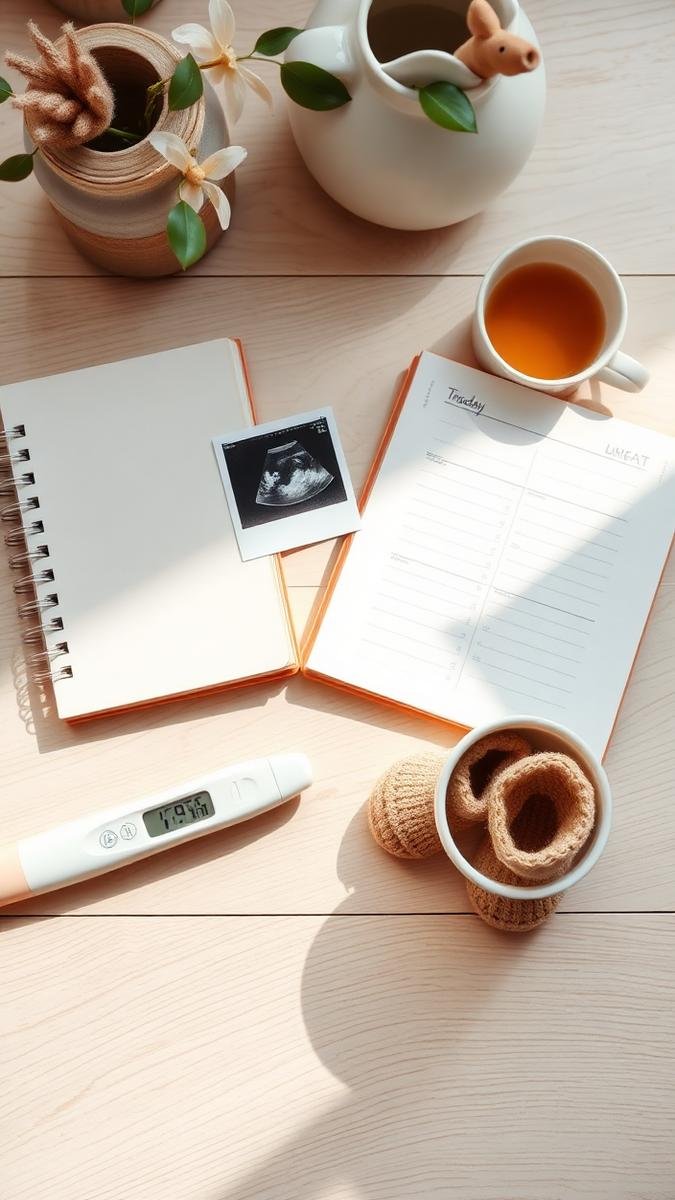 First trimester pregnancy flat lay with positive test, ultrasound photo, journal and baby booties