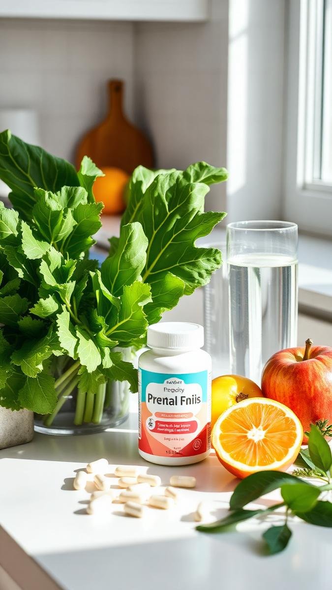 Prenatal vitamins with leafy greens and fruit for pregnancy nutrition