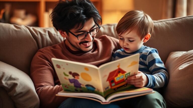 Reading to toddlers: a parent reading a colorful picture book with an engaged toddler on the couch