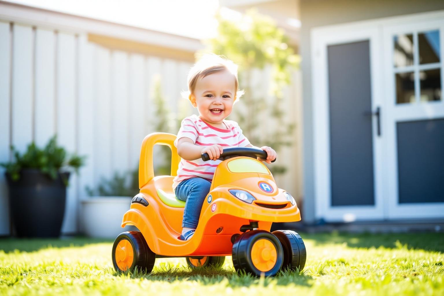Toddler ride-on toys arranged in a bright play space
