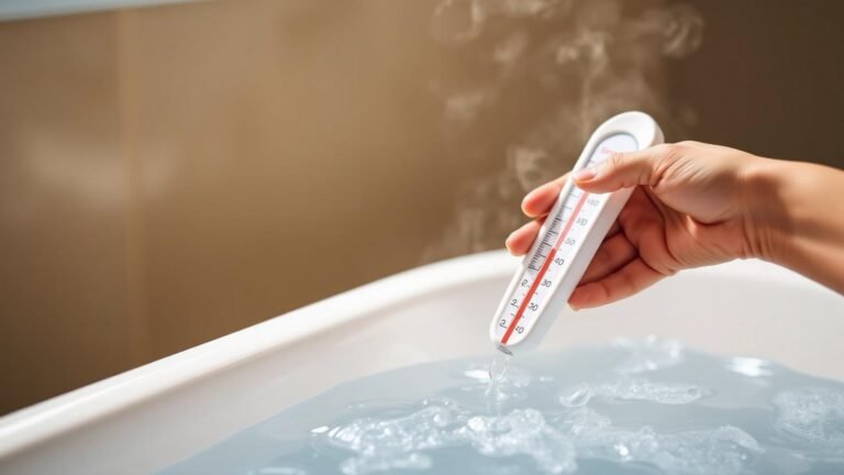 Hand holding a baby bath thermometer testing safe, warm bath water temperature
