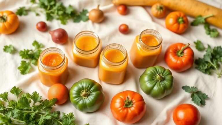 Small glass jars of homemade baby puree surrounded by fresh organic vegetables on a linen cloth