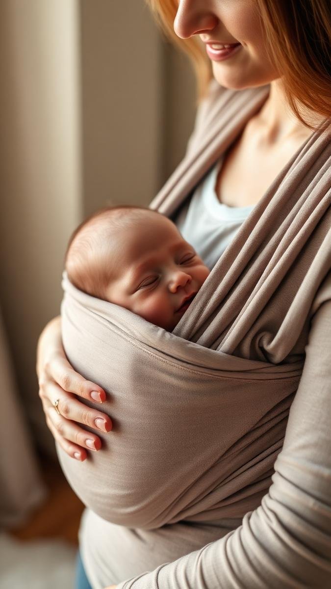 Safe babywearing for newborns: a parent wearing a newborn snugly in a wrap with the airway clear