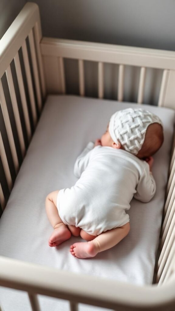 Safe sleep for newborns: a newborn sleeping on their back in an empty crib with a fitted sheet