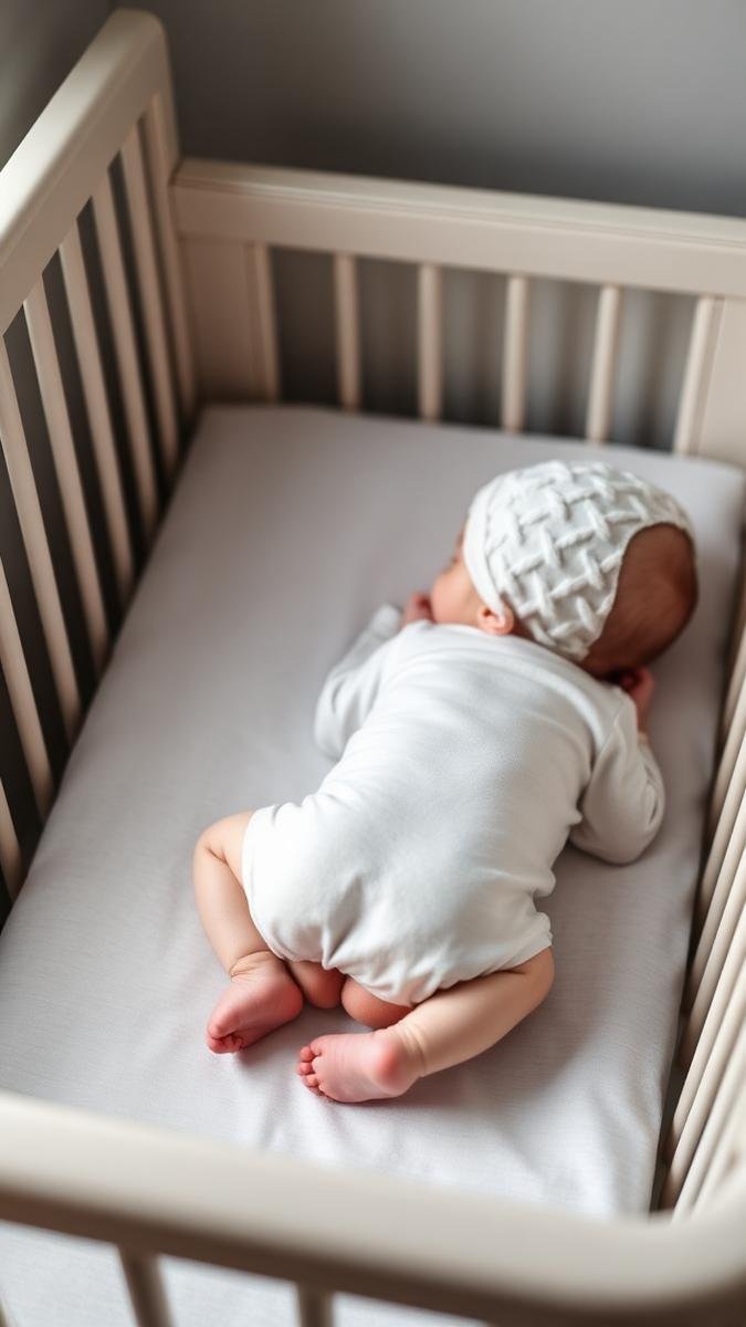 Safe sleep for newborns: a newborn sleeping on their back in an empty crib with a fitted sheet