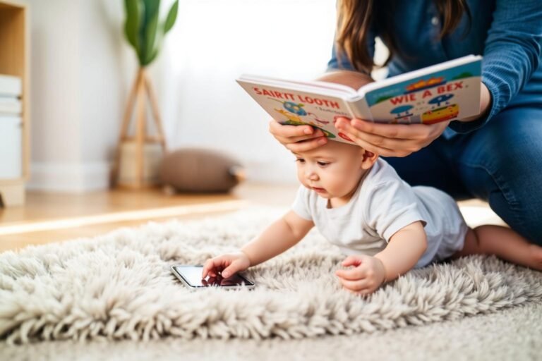 Baby reaching toward a tablet while a parent gently redirects them to a book