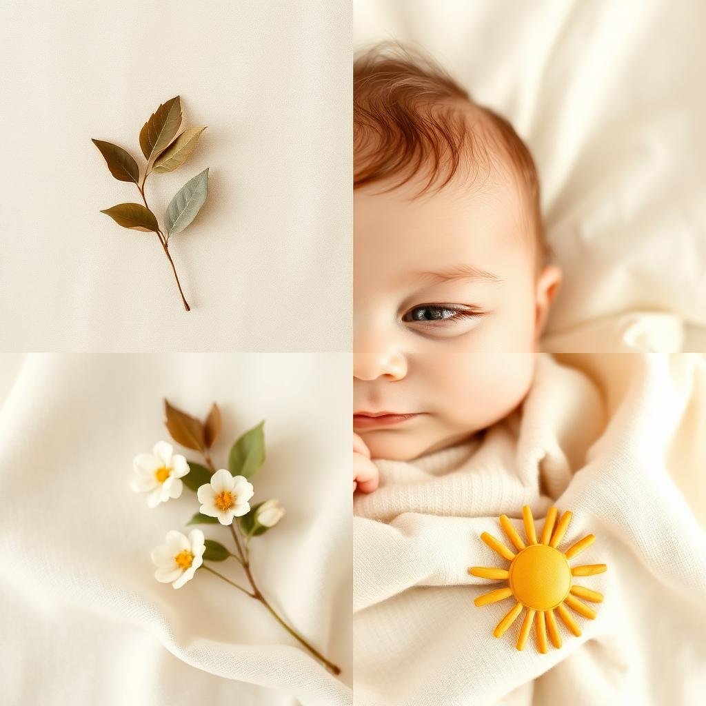 Four-season editorial collage of baby with leaf, blossom, and sun elements
