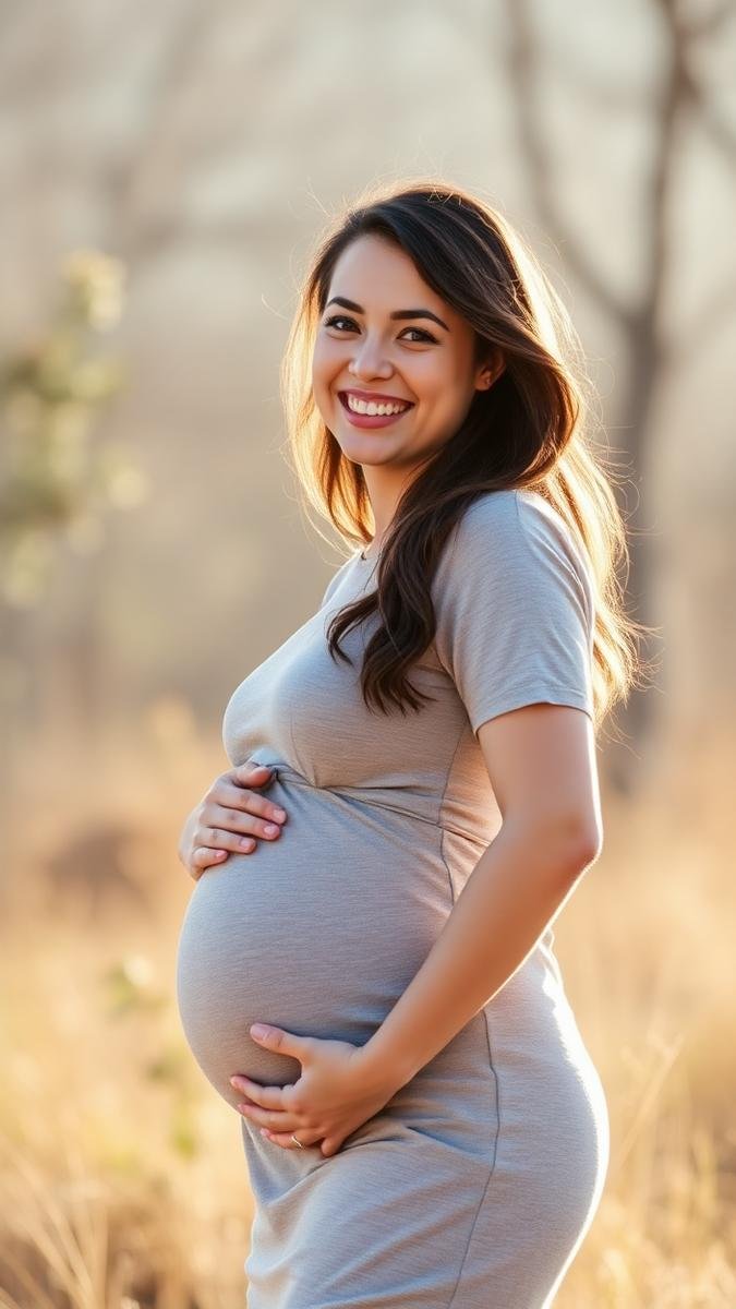 Happy woman in her second trimester smiling outdoors