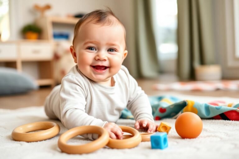 Baby exploring colorful sensory play materials on a soft playmat