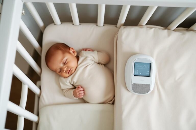 Smart baby monitor device showing oxygen and heart rate readings next to a sleeping infant