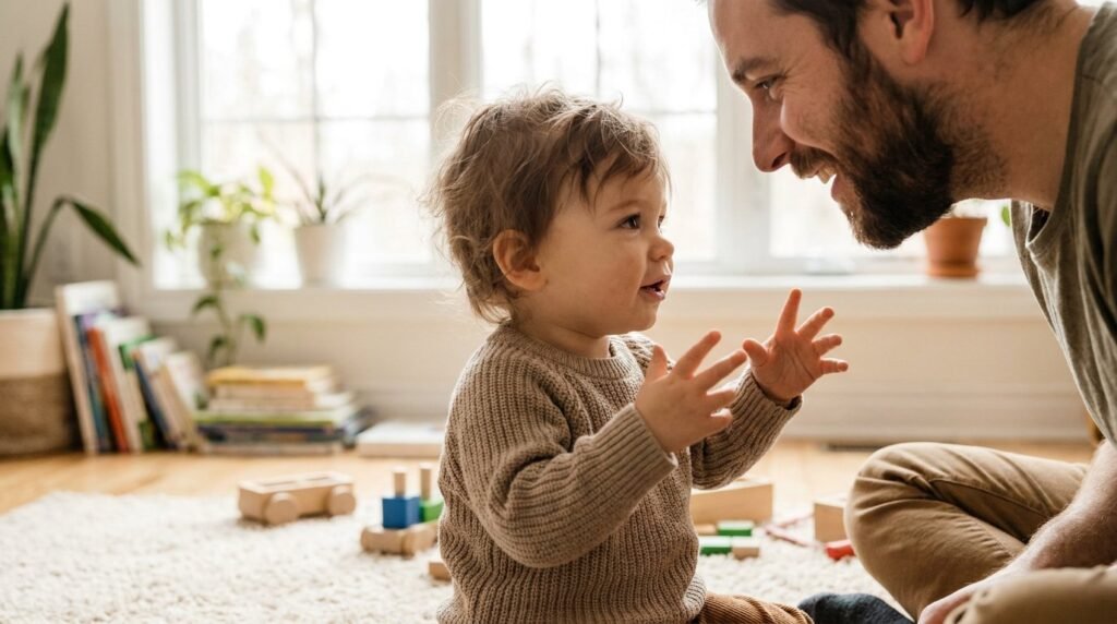 One-year-old toddler babbling and interacting with a parent