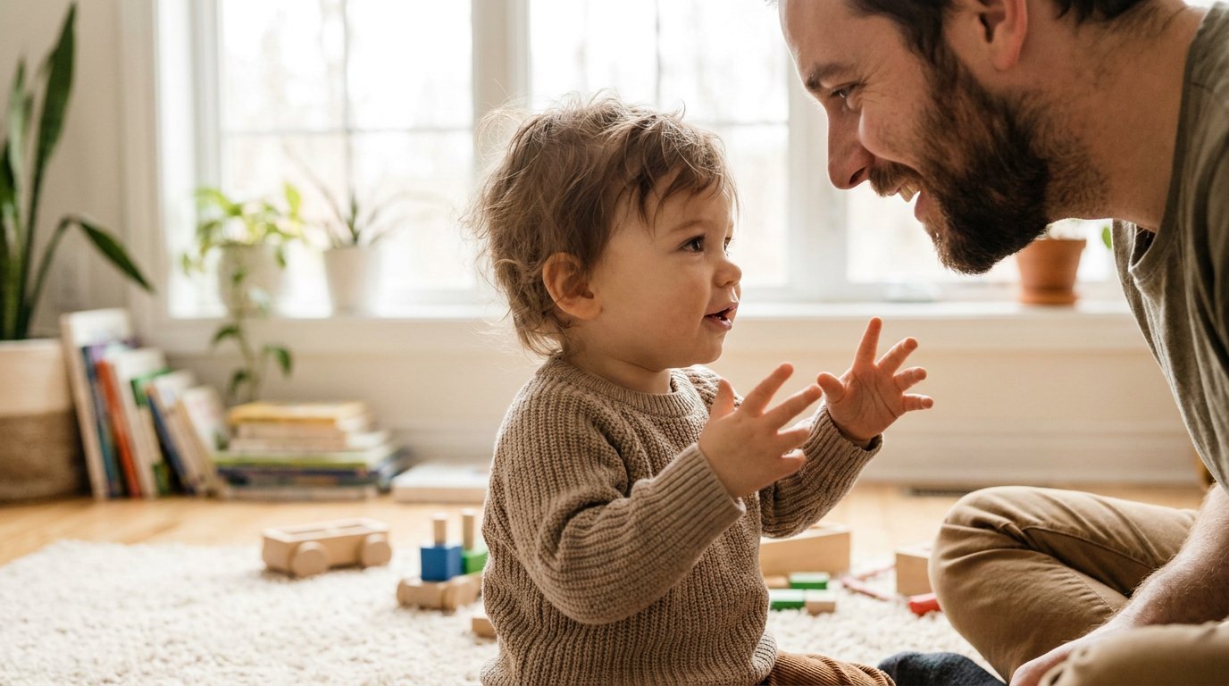 One-year-old toddler babbling and interacting with a parent