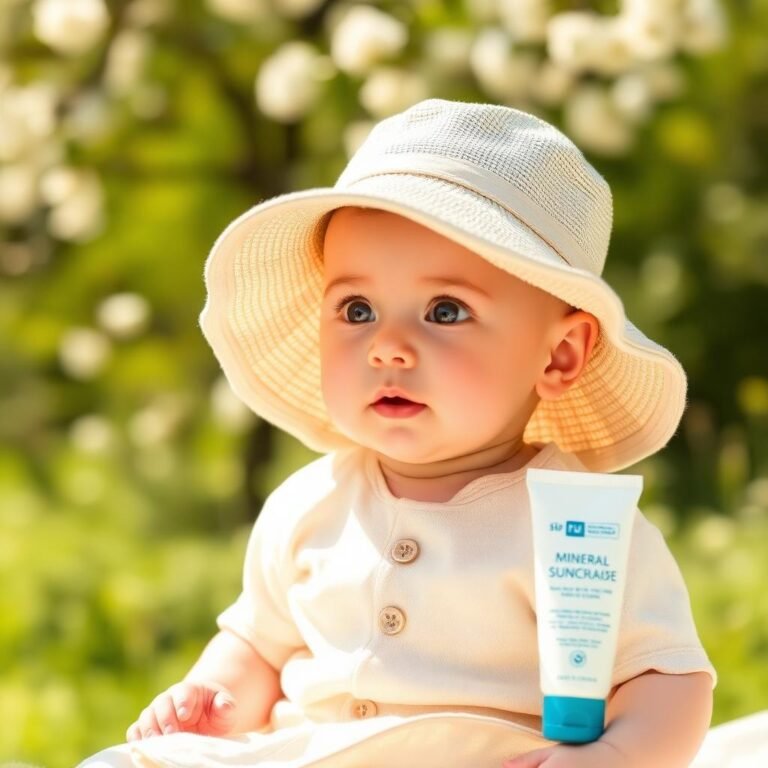 Baby in wide-brim sun hat with mineral sunscreen tube — spring UV protection
