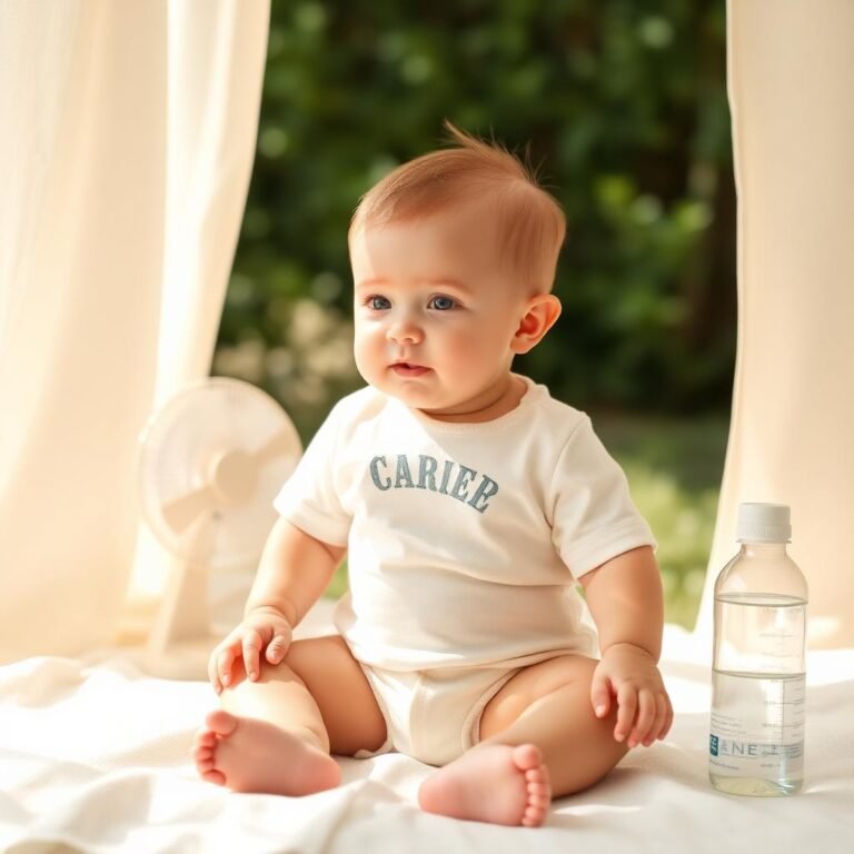 Baby in light cotton onesie in shaded outdoor setting with fan and water — summer care