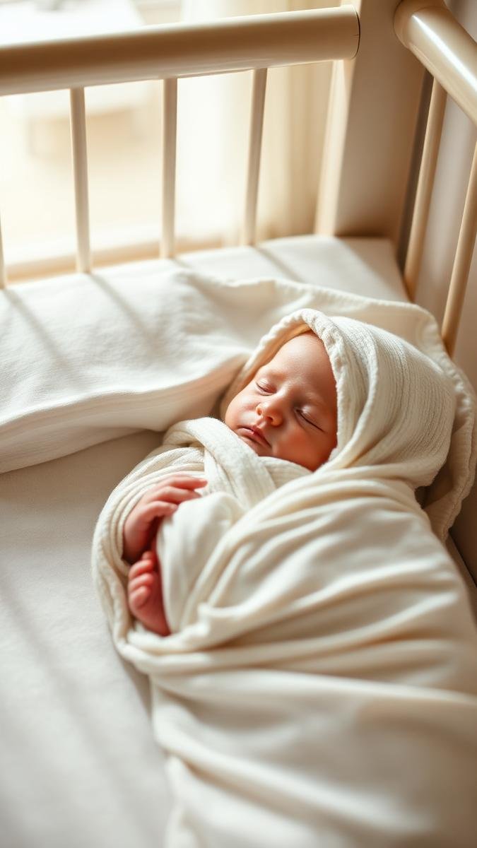 Newborn peacefully swaddled in a soft cotton wrap sleeping in a crib