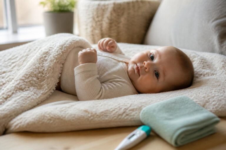 Calm baby with mild teething fever resting beside a thermometer and cool washcloth