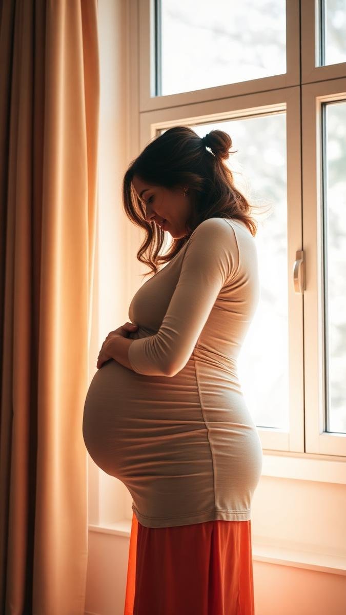 Woman in her third trimester cradling her baby bump by a window