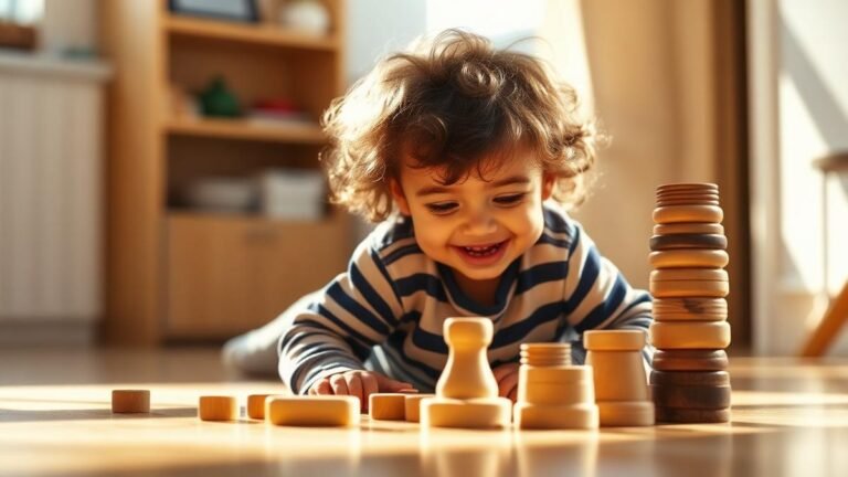 Toddler learning through play: a joyful toddler playing with wooden stacking toys on the floor