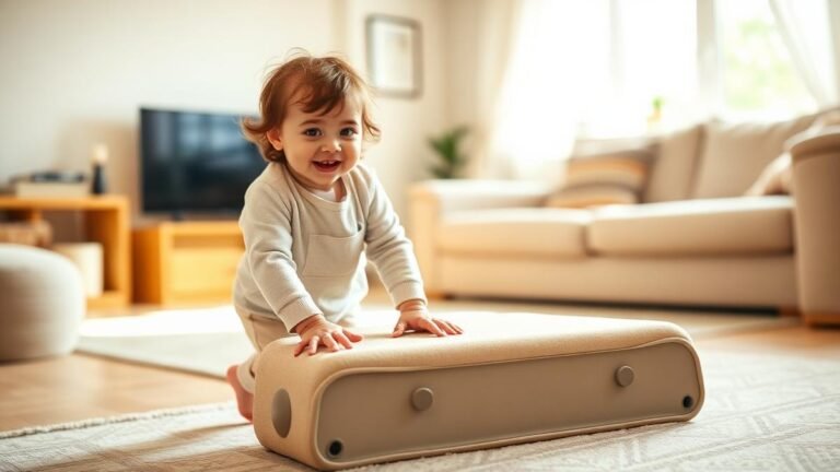 Toddler motor skills milestones: a happy toddler climbing on soft play steps in a bright living room