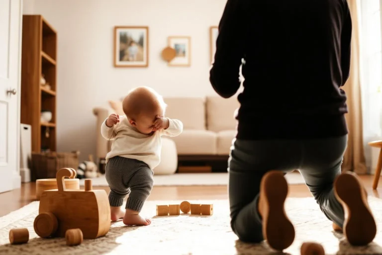 toddler not listening parent kneeling at eye level with toddler in living room