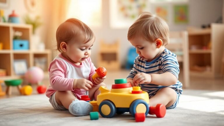 Toddler social development: two toddlers sharing toys and playing together, building early friendships