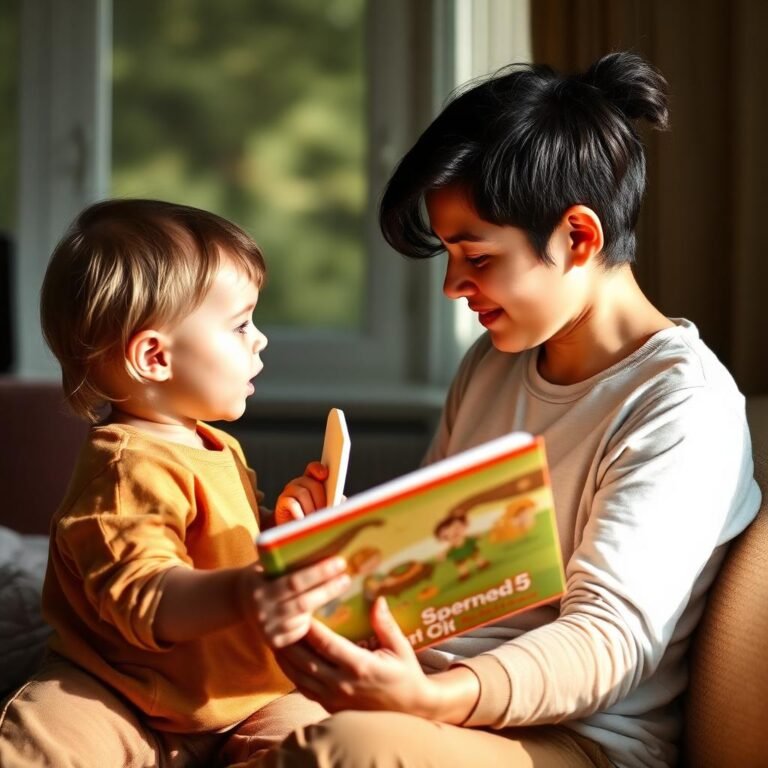 Parent reading a picture book face-to-face with a toddler