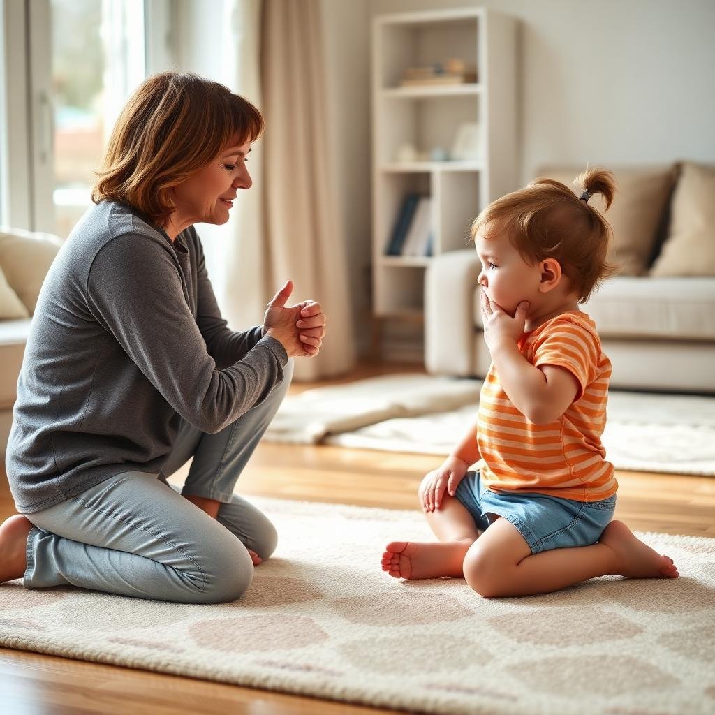 Parent kneeling at eye level with an upset toddler