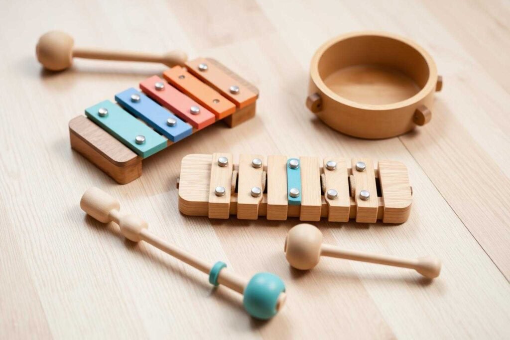 Wooden baby musical instruments — xylophone, shakers, drum — on a light wood floor