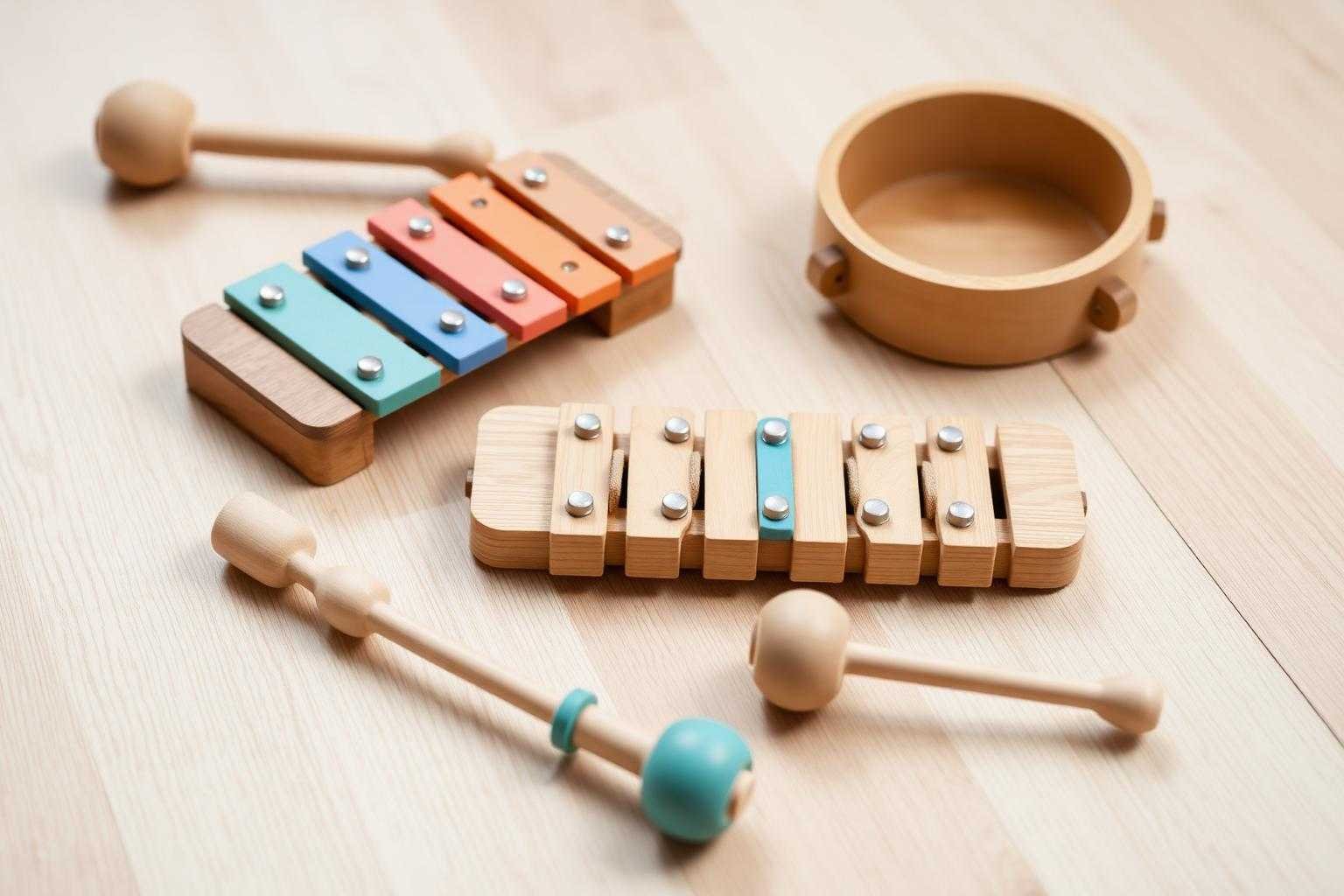 Wooden baby musical instruments — xylophone, shakers, drum — on a light wood floor
