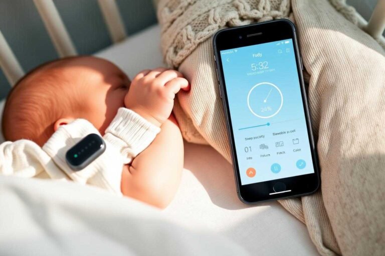 Baby sleep tracker wearable and smartphone app next to sleeping baby