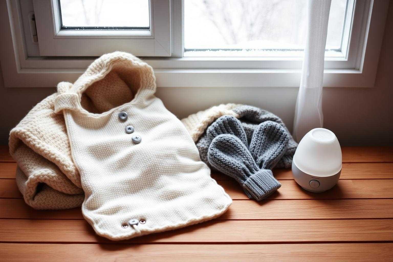 Winter baby essentials: bunting bag, wool layers, mittens and humidifier by a snowy window