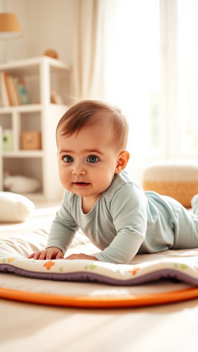 Baby doing tummy time lifting their head on a play mat