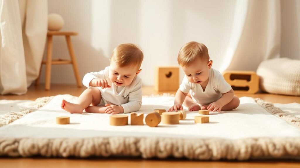 Twin babies playing with wooden toys side by side on a warm cream play mat in soft natural light