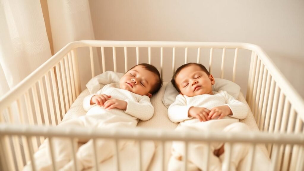 Two peacefully sleeping twin babies side by side in a warm cream nursery crib