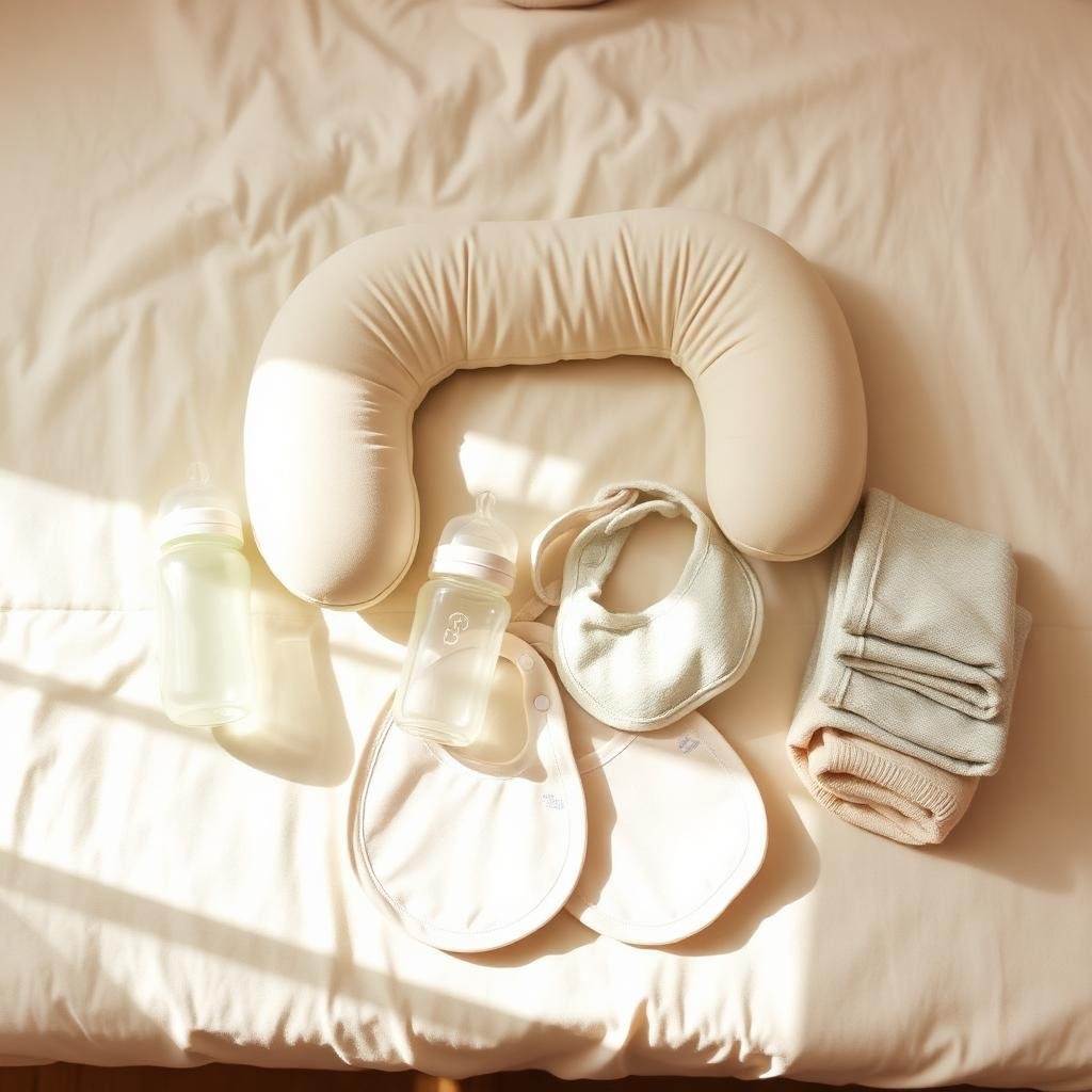 Twin feeding essentials flatlay — twin nursing pillow, two baby bottles, matching bibs and stacked burp cloths on cream bedding