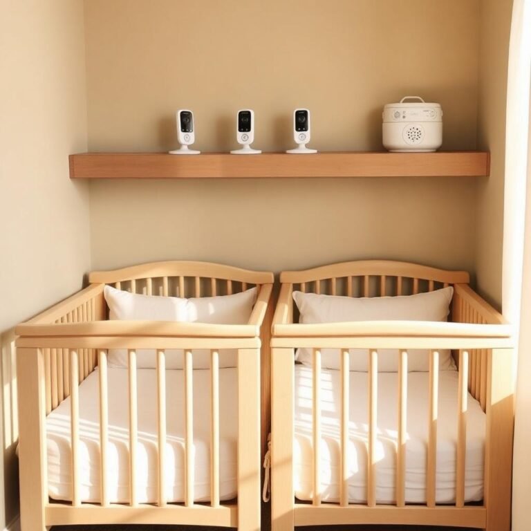 Twin nursery corner with two matching wooden cribs side by side and dual baby monitors on a wall shelf