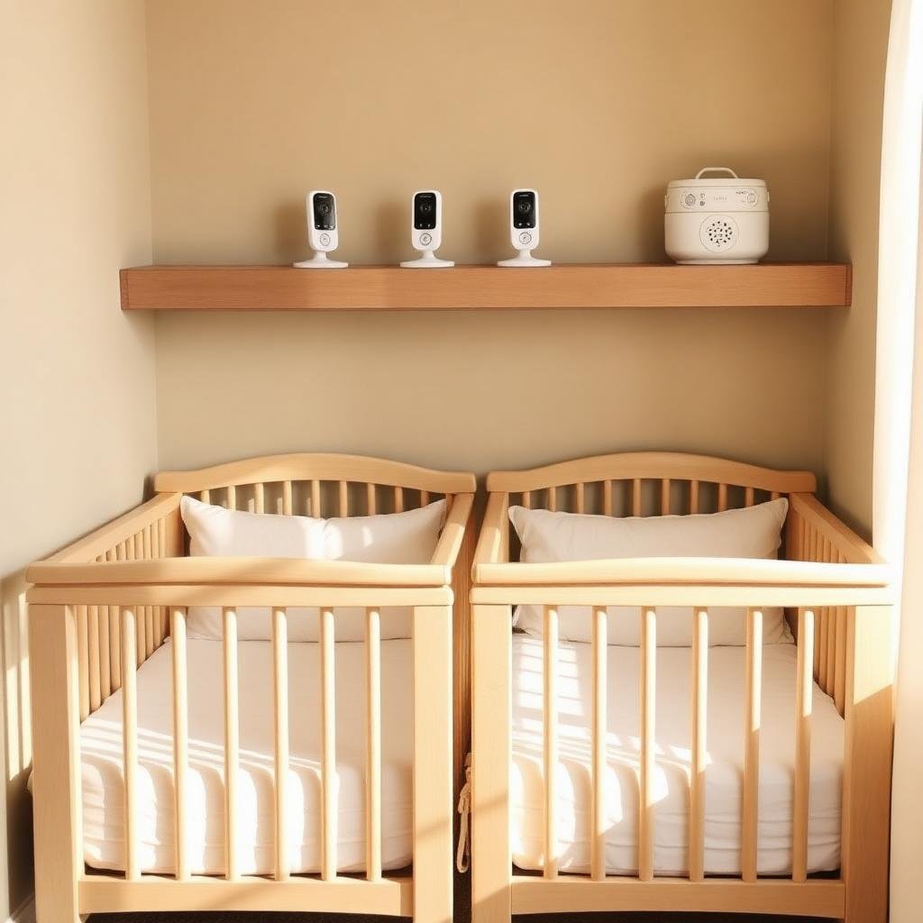 Twin nursery corner with two matching wooden cribs side by side and dual baby monitors on a wall shelf