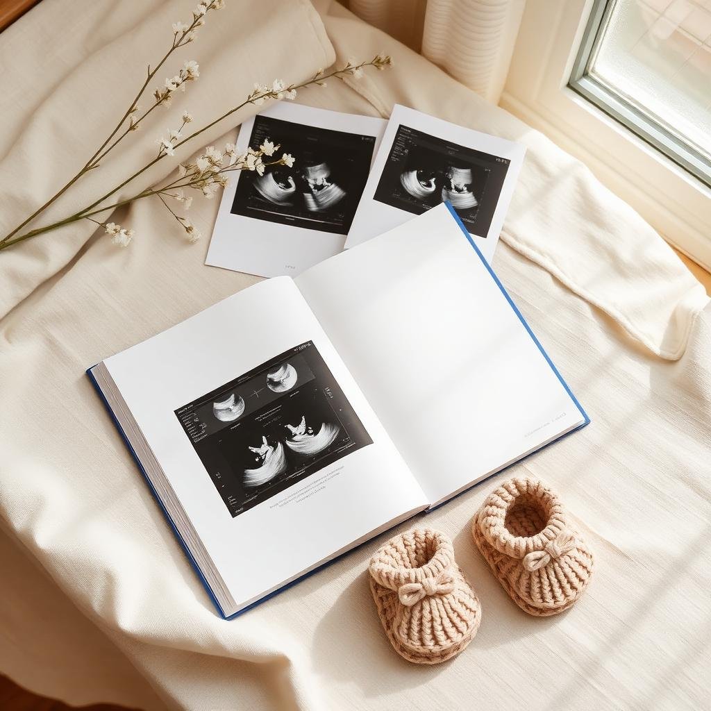 Twin pregnancy ultrasound printouts and maternity journal on soft linen — monitoring risks