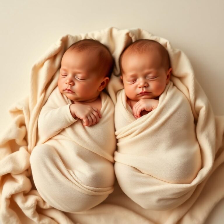 Newborn twins swaddled side by side in cream blankets — pediatrician twin care guide