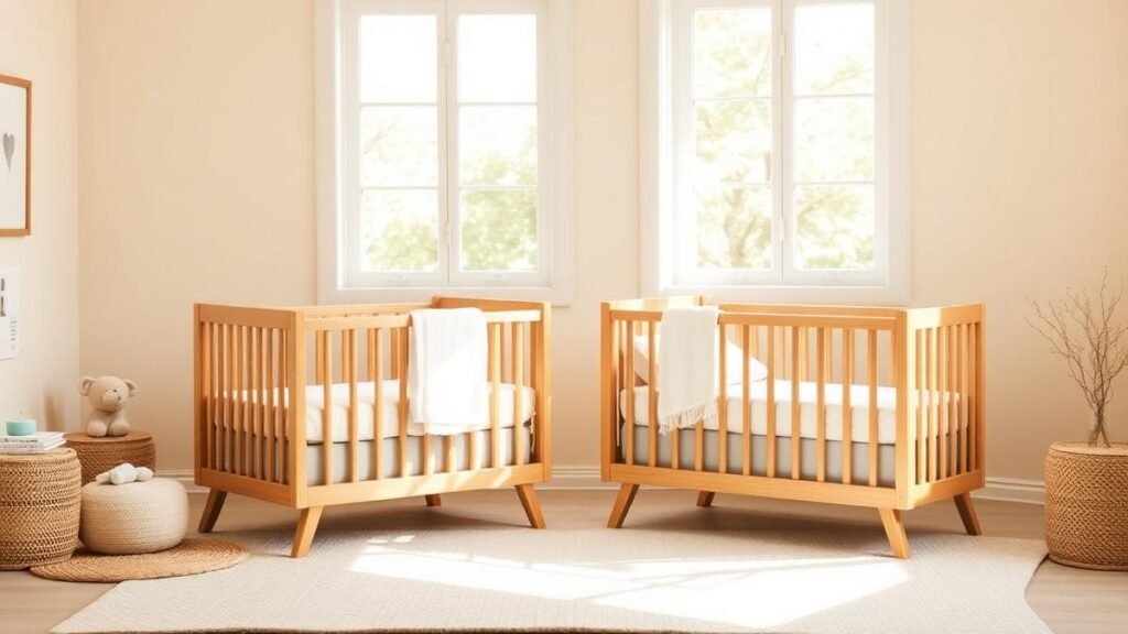 Two matching wooden cribs side by side in a bright serene beige nursery with natural window light