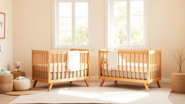 Two matching wooden cribs side by side in a bright serene beige nursery with natural window light