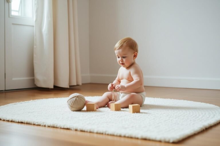 Baby playing independently with simple wooden blocks on a rug